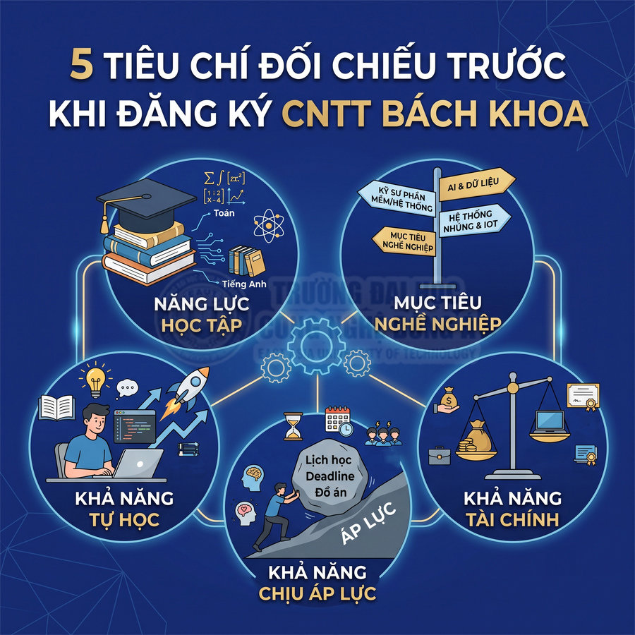 Infographic 5 tiêu chí cần xem xét trước khi đăng ký ngành công nghệ thông tin Bách Khoa