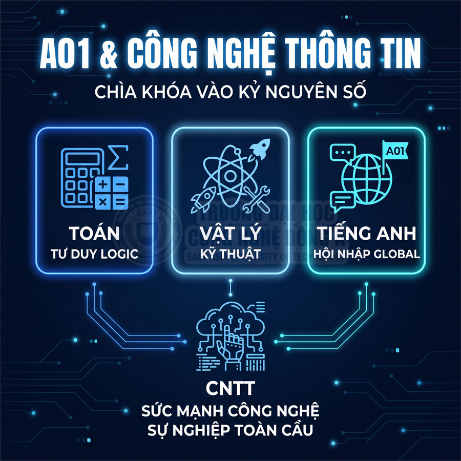 Poster tổ hợp A01 với các môn Toán, Vật lý, Tiếng Anh và ngành Công nghệ thông tin trong kỷ nguyên số