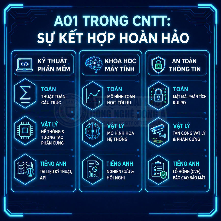 Infographic tổ hợp A01 trong CNTT với các ngành kỹ thuật phần mềm, khoa học máy tính, an toàn thông tin