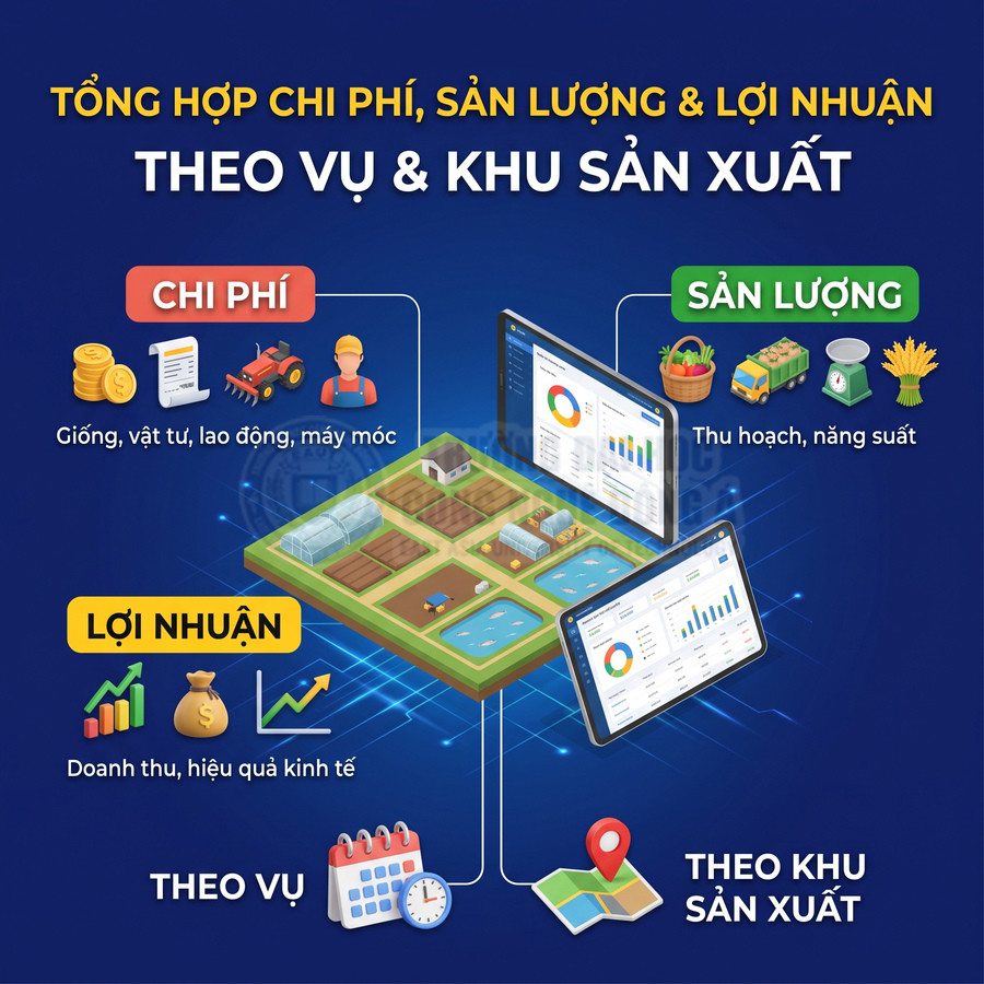 Bảng điều khiển quản lý nông trại tổng hợp chi phí, sản lượng và lợi nhuận theo vụ và khu sản xuất