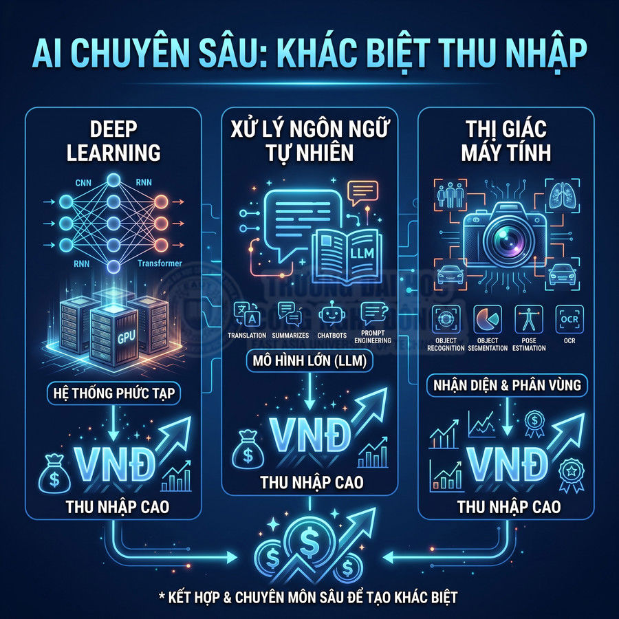 Minh họa so sánh thu nhập cao giữa các lĩnh vực AI chuyên sâu deep learning, xử lý ngôn ngữ tự nhiên và thị giác máy tính