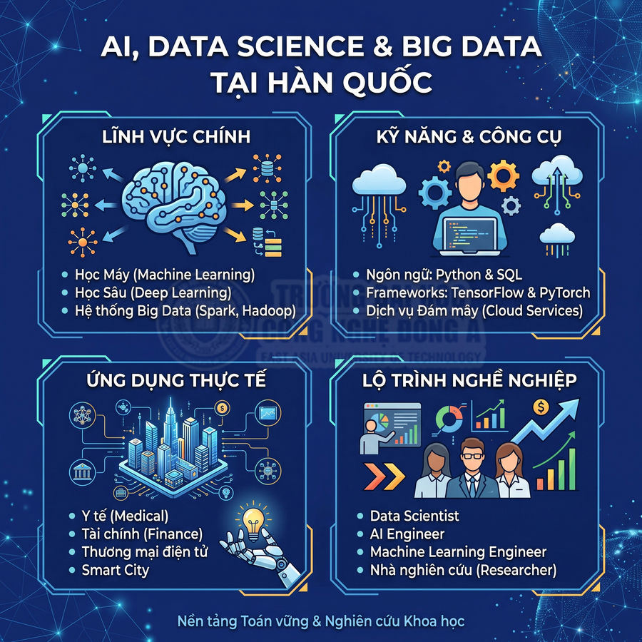 Infographic giới thiệu lĩnh vực, kỹ năng, ứng dụng và lộ trình nghề nghiệp AI, Data Science và Big Data tại Hàn Quốc