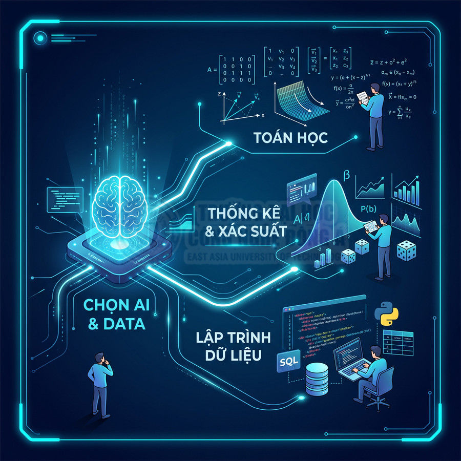 Minh họa lộ trình học AI và Data với toán học, thống kê xác suất và lập trình dữ liệu Python SQL