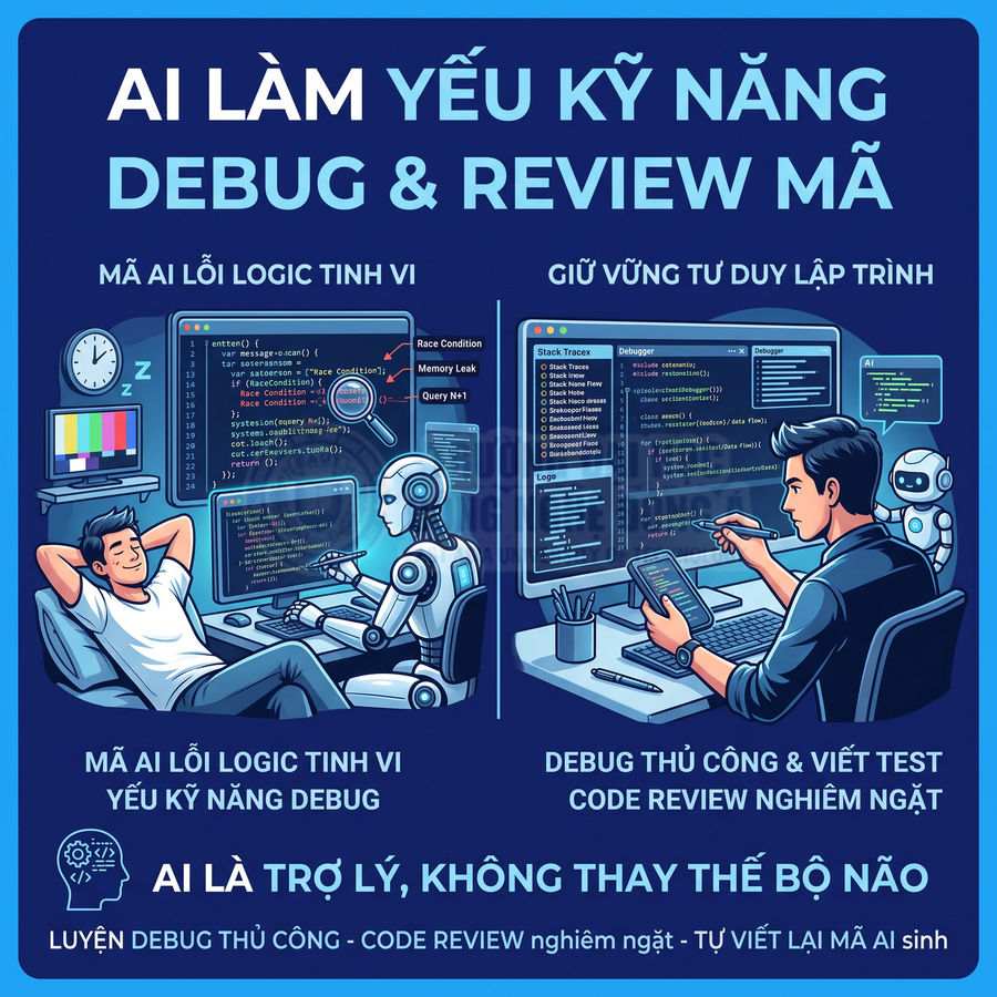Minh họa lập trình viên và robot AI cùng debug, review mã nguồn trên nhiều màn hình máy tính