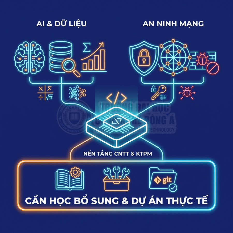 Sơ đồ kỹ năng AI, dữ liệu, an ninh mạng và nền tảng CNTT cần bổ sung qua học tập, công cụ và dự án thực tế