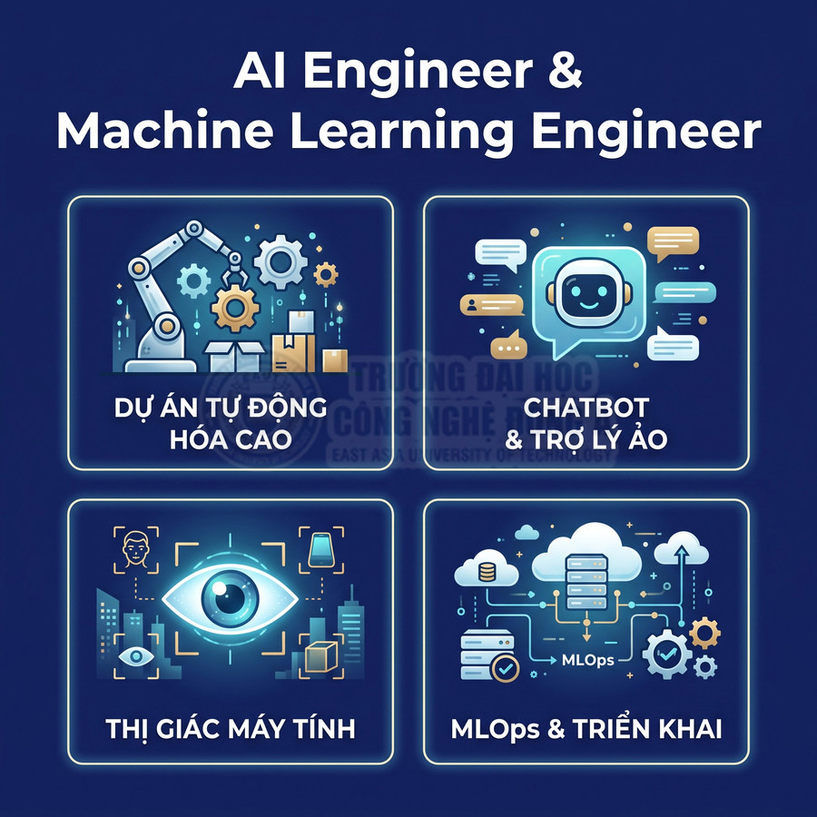 Poster giới thiệu ngành AI Engineer và Machine Learning Engineer với các mảng dự án tự động hóa, chatbot, thị giác máy tính, MLOps