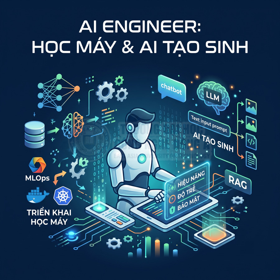 Minh họa kỹ sư AI làm việc với học máy, AI tạo sinh, chatbot, LLM, RAG và triển khai MLOps