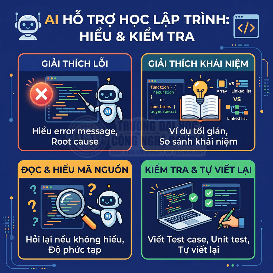 AI hỗ trợ học lập trình với giải thích lỗi, khái niệm, đọc hiểu mã nguồn và kiểm tra viết lại code