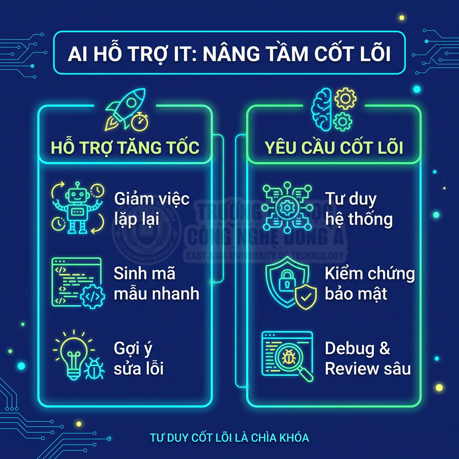 Infographic AI hỗ trợ IT với các lợi ích tăng tốc và yêu cầu tư duy cốt lõi trong lập trình và bảo mật