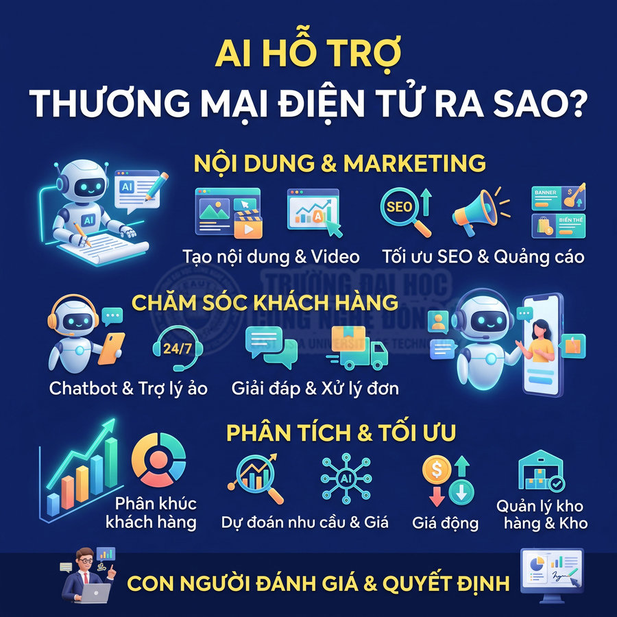 AI hỗ trợ thương mại điện tử về nội dung, marketing, chăm sóc khách hàng, phân tích và tối ưu vận hành, con người đưa ra quyết định cuối cùng.