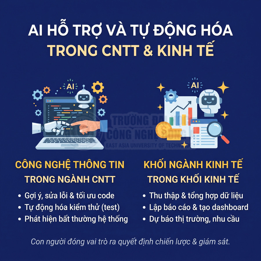 AI hỗ trợ và tự động hóa trong công nghệ thông tin và khối ngành kinh tế, minh họa bằng robot và máy tínhถวายสัตย์