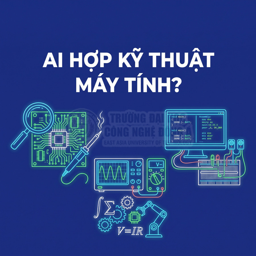 Thiết kế giới thiệu ngành kỹ thuật máy tính với bo mạch, màn hình lập trình và thiết bị đo điện tử