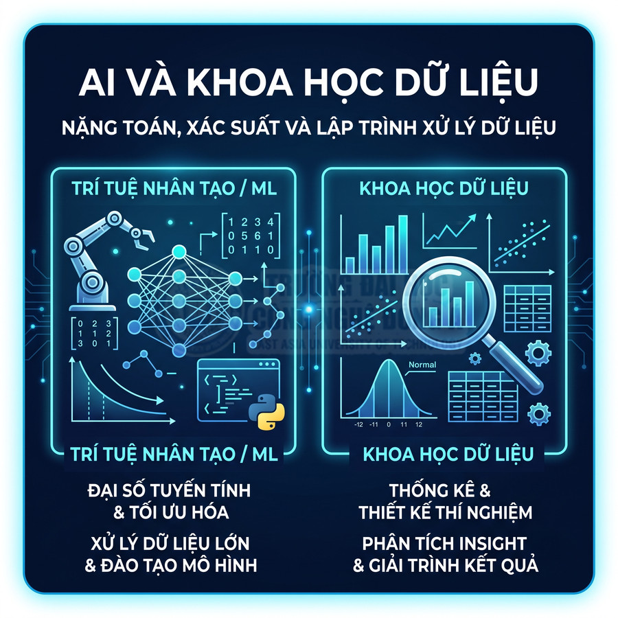 Minh họa so sánh trí tuệ nhân tạo machine learning và khoa học dữ liệu với biểu đồ, mạng nơ ron, robot, kính lúp phân tích