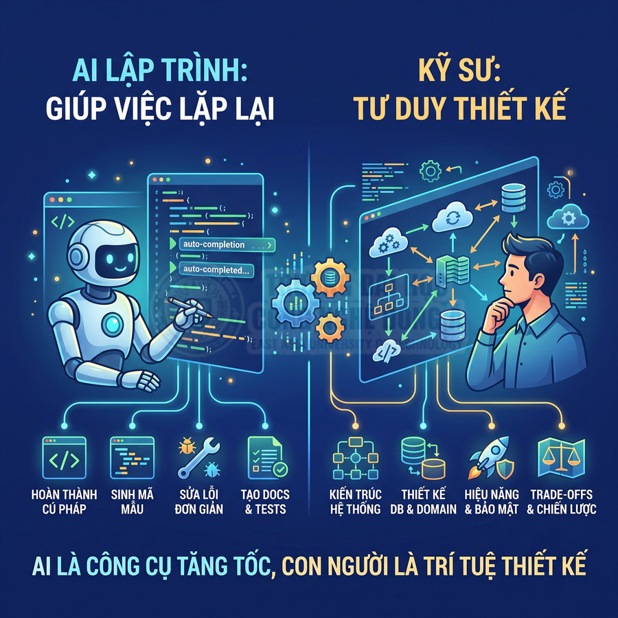 Minh họa AI hỗ trợ lập trình tự động hóa tác vụ lặp lại, kỹ sư phần mềm tập trung tư duy thiết kế hệ thống