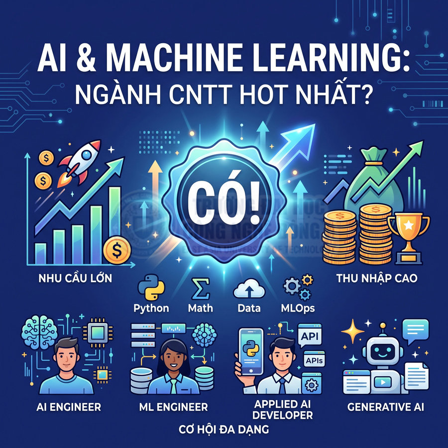 Poster giới thiệu ngành AI và Machine Learning với nhu cầu lớn, thu nhập cao và nhiều vị trí nghề nghiệp hấp dẫn