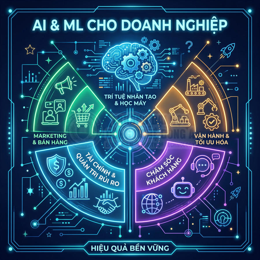 Infographic AI và Machine Learning cho doanh nghiệp với các ứng dụng marketing, tài chính, vận hành và chăm sóc khách hàng
