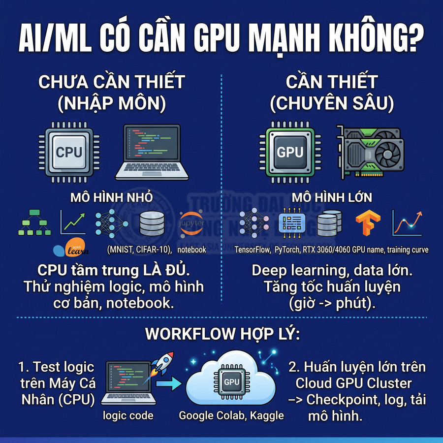 Infographic so sánh dùng CPU cho mô hình AI nhỏ và GPU mạnh cho deep learning, data lớn và workflow huấn luyện trên cloud