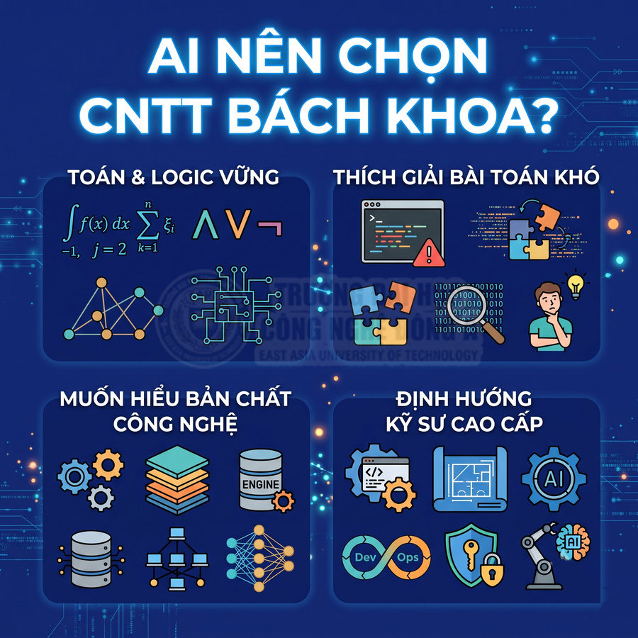 Poster giới thiệu ngành CNTT Bách Khoa với các tiêu chí: giỏi toán logic, thích giải bài toán khó, đam mê công nghệ