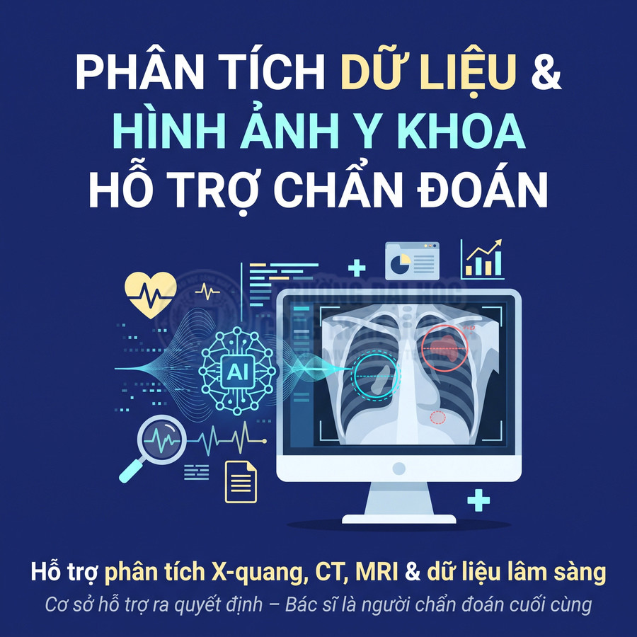 Phần mềm AI hỗ trợ phân tích ảnh X-quang và dữ liệu y khoa trên màn hình máy tính, giúp bác sĩ chẩn đoán