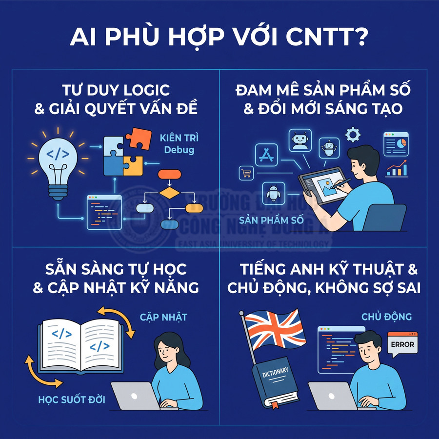 Infographic giới thiệu các tố chất phù hợp ngành công nghệ thông tin như tư duy logic, đam mê sản phẩm số, tự học và tiếng Anh kỹ thuật