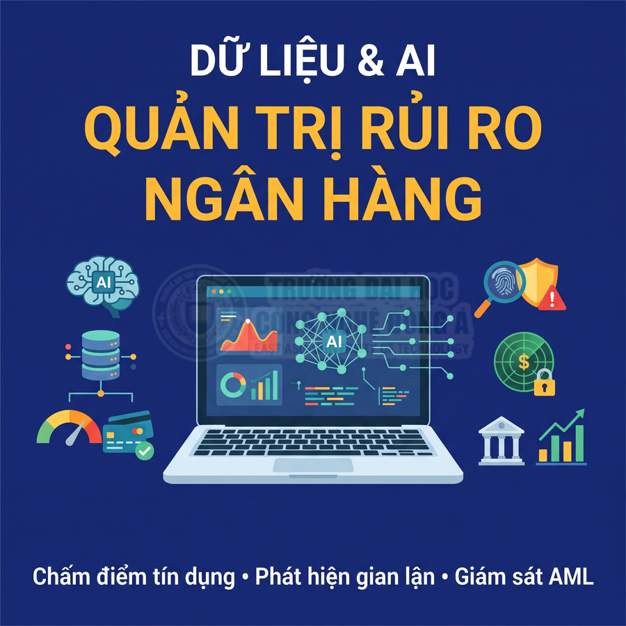 Máy tính hiển thị AI phân tích dữ liệu, minh họa quản trị rủi ro ngân hàng, chấm điểm tín dụng và phát hiện gian lận