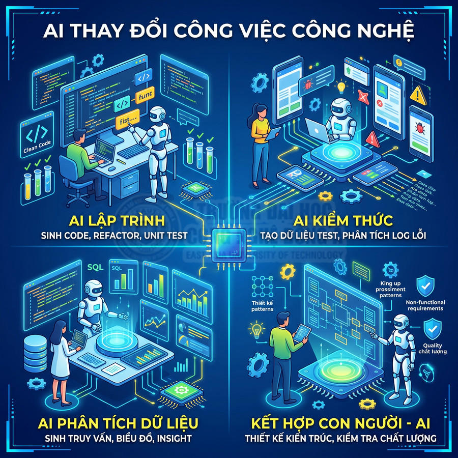 Minh họa AI hỗ trợ lập trình, kiểm thử, phân tích dữ liệu và kết hợp con người trong công việc công nghệ