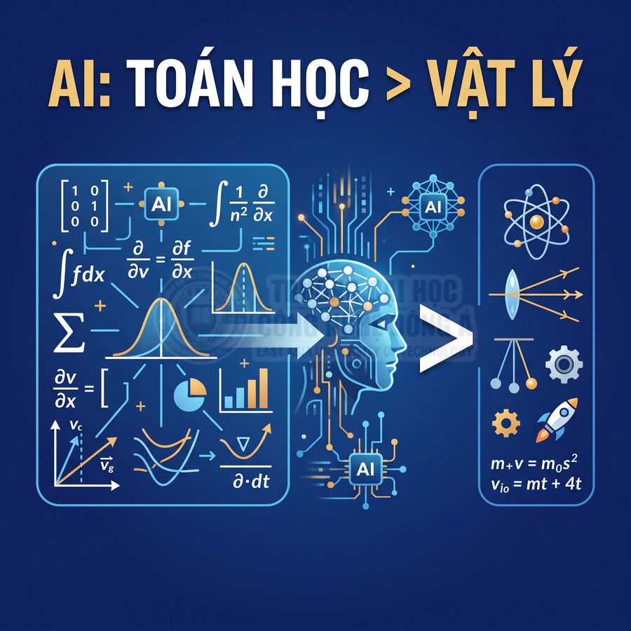 Minh họa AI với công thức toán học và biểu tượng vật lý, nhấn mạnh vai trò toán học trong trí tuệ nhân tạo