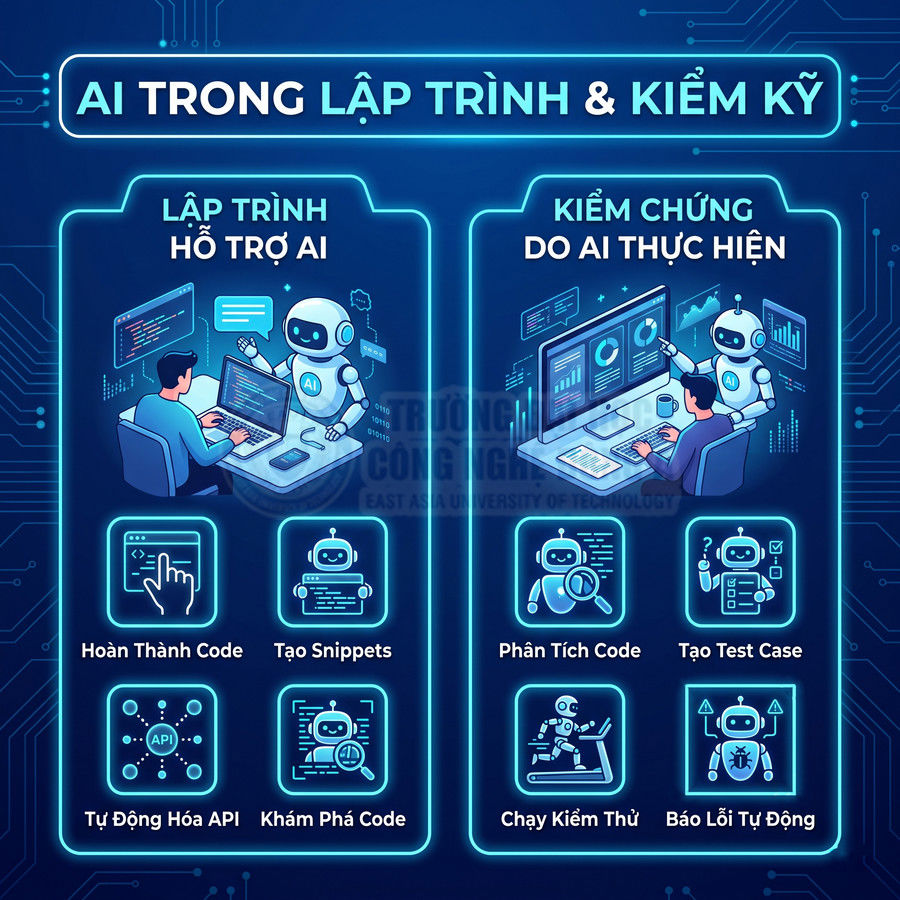 Minh họa AI hỗ trợ lập trình và kiểm thử phần mềm với lập trình viên làm việc cùng robot AI trên máy tính
