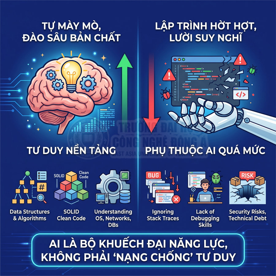 Minh họa so sánh tư duy nền tảng lập trình và phụ thuộc AI quá mức trong học lập trình