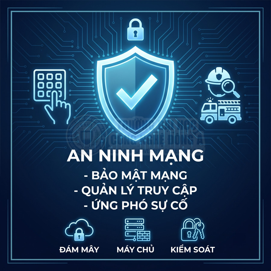 Hình minh họa dịch vụ an ninh mạng với biểu tượng lá chắn bảo mật, bảo mật mạng, quản lý truy cập, ứng phó sự cố