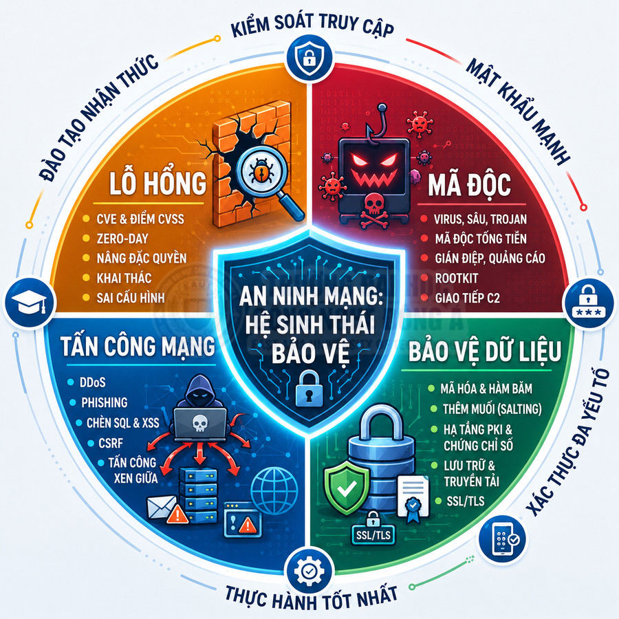 Mô hình hệ sinh thái an ninh mạng minh họa lỗ hổng, tấn công mạng, mã độc và bảo vệ dữ liệu