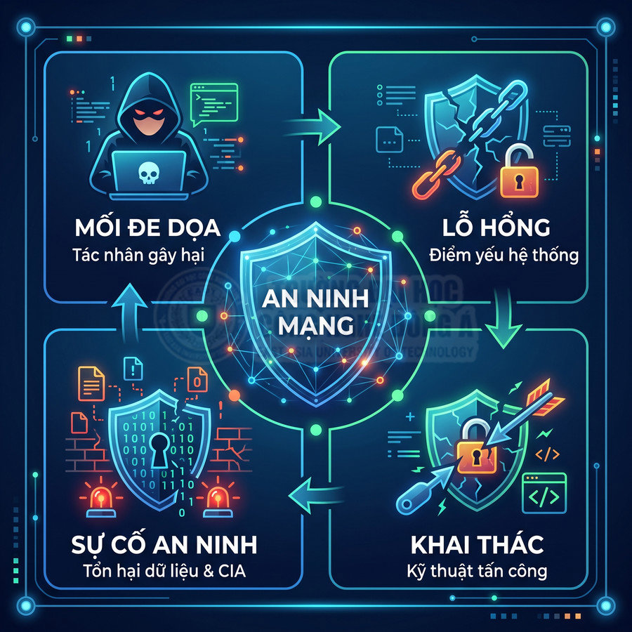 Mô hình minh họa an ninh mạng với mối đe dọa, lỗ hổng, sự cố an ninh và kỹ thuật khai thác tấn công