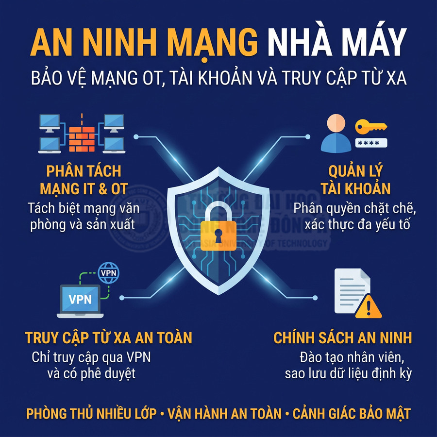 Infographic an ninh mạng nhà máy với lá chắn bảo vệ mạng IT và OT, quản lý tài khoản, VPN và chính sách bảo mật