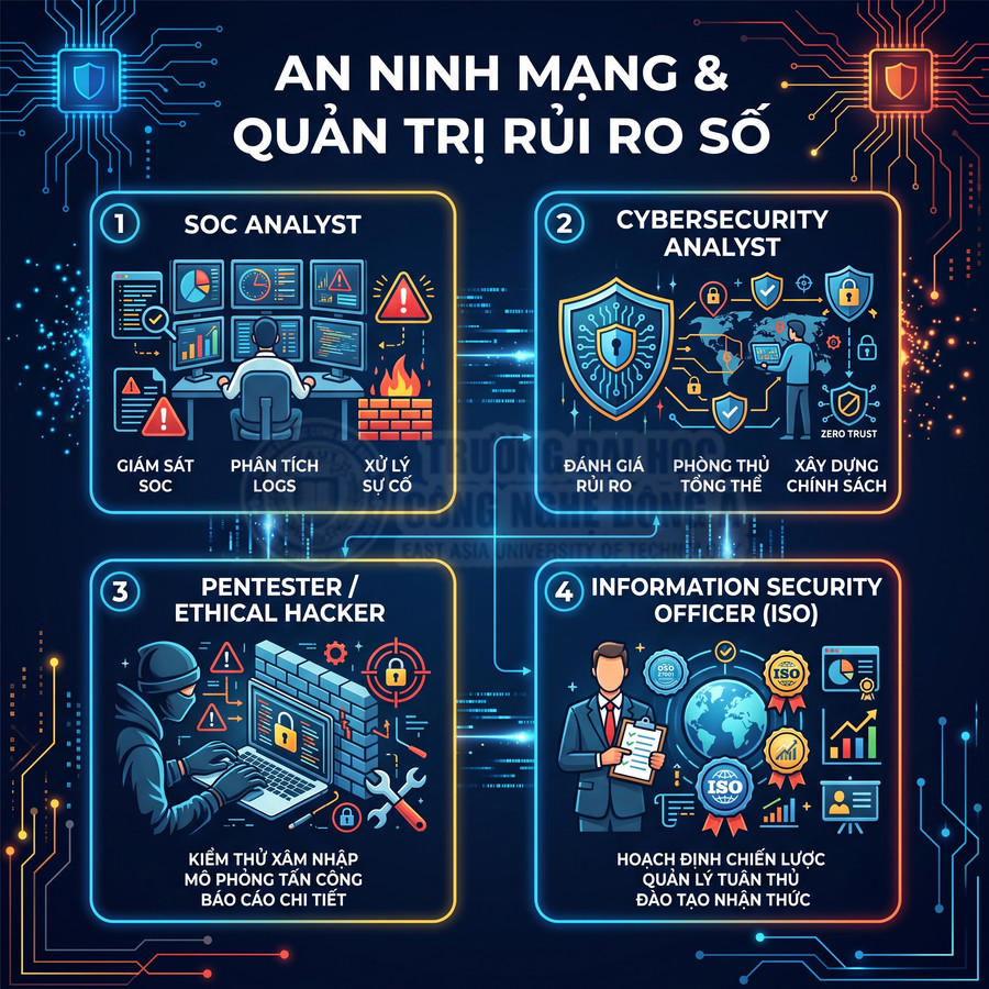 Infographic giới thiệu 4 vị trí nghề nghiệp an ninh mạng và quản trị rủi ro số với mô tả nhiệm vụ chính