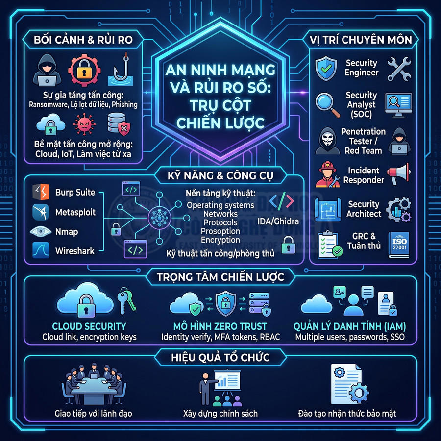 Infographic tiếng Việt về an ninh mạng, rủi ro số, kỹ năng, công cụ và vị trí nghề nghiệp trong cybersecurity
