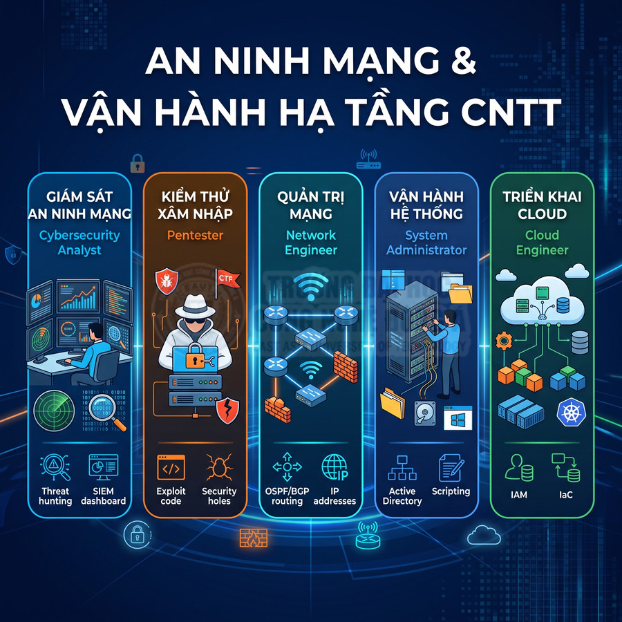 Các vị trí nghề nghiệp an ninh mạng và vận hành hạ tầng CNTT với mô tả kỹ năng minh họa trực quan