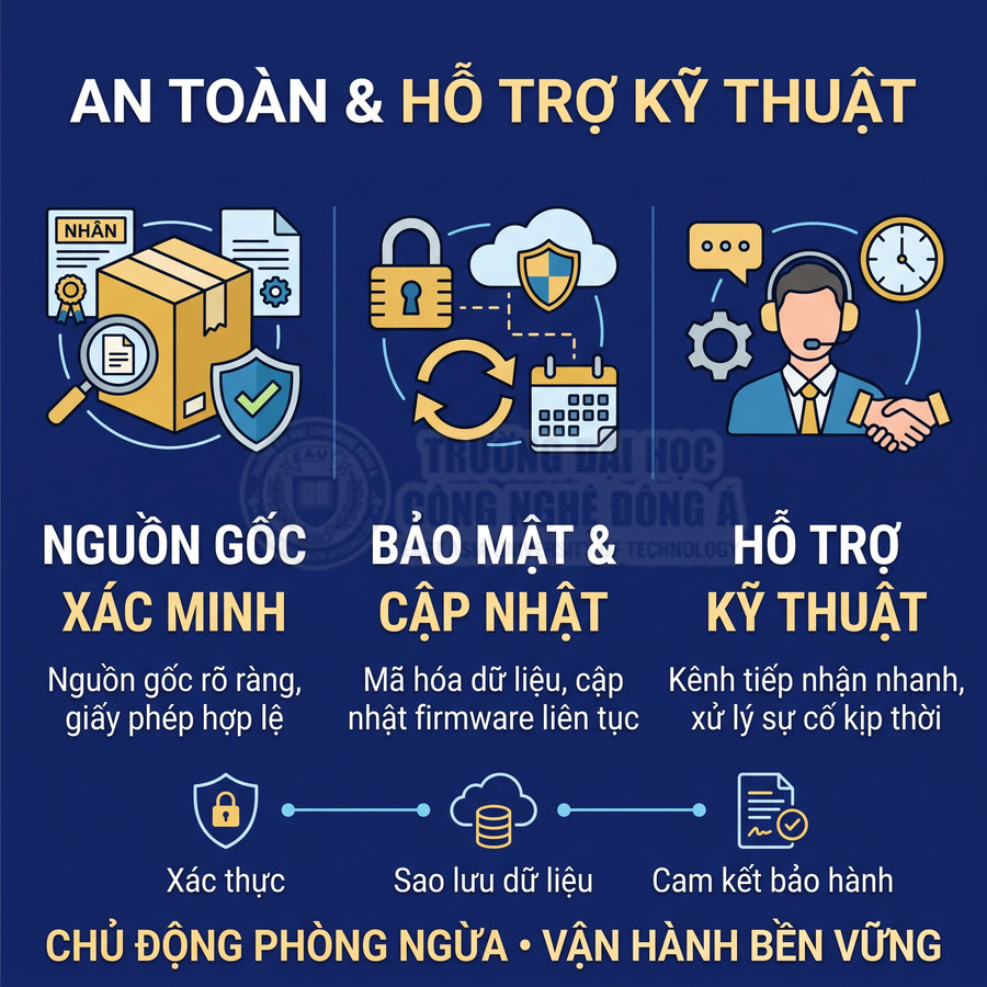 Cam kết xác minh nguồn gốc, bảo mật và cập nhật, hỗ trợ kỹ thuật, sao lưu dữ liệu và bảo hành sản phẩm.