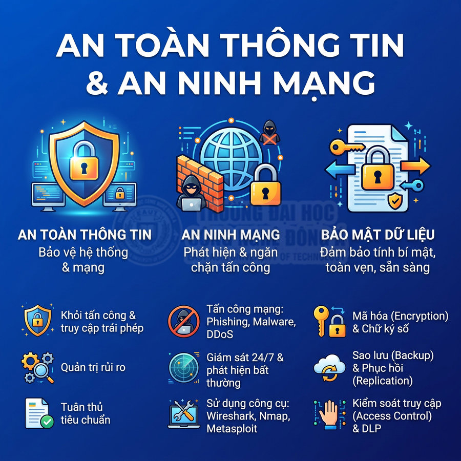 Infographic an toàn thông tin an ninh mạng và bảo mật dữ liệu với biểu tượng khóa và khiên bảo vệ