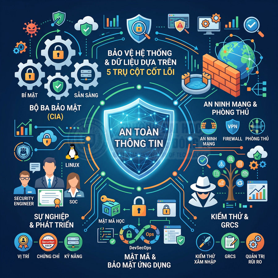 Infographic an toàn thông tin với biểu tượng khiên bảo mật, an ninh mạng, mã hóa và kiểm thử bảo mật hệ thống