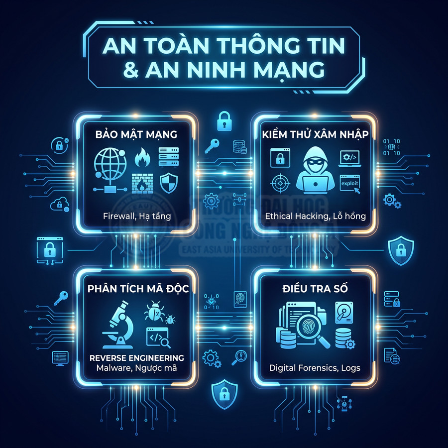 Poster khóa học an toàn thông tin và an ninh mạng với các mảng bảo mật mạng, kiểm thử xâm nhập, phân tích mã độc, điều tra số