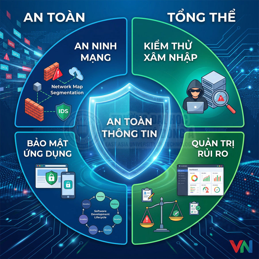 Mô hình an toàn thông tin với các mảng an ninh mạng, bảo mật ứng dụng, kiểm thử xâm nhập và quản trị rủi ro