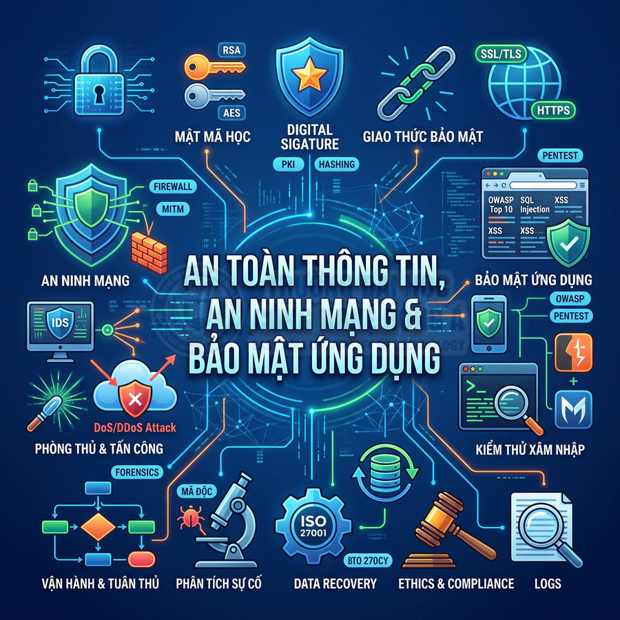 Minh họa các khái niệm an toàn thông tin, an ninh mạng và bảo mật ứng dụng với nhiều biểu tượng trực quan