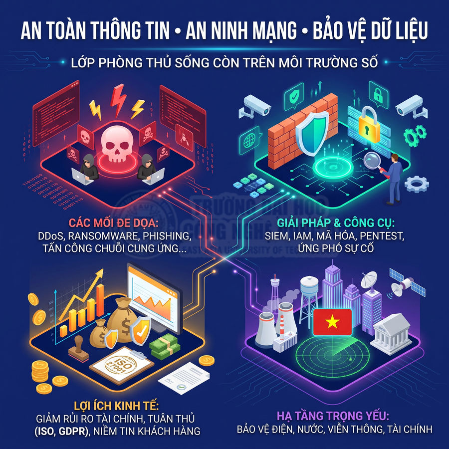 Minh họa an toàn thông tin, an ninh mạng và bảo vệ dữ liệu với mối đe dọa, giải pháp và hạ tầng trọng yếu
