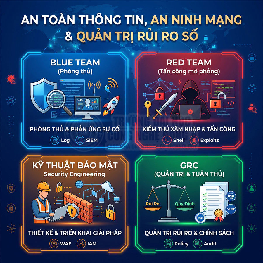 Mô hình các mảng an toàn thông tin gồm blue team, red team, kỹ thuật bảo mật và GRC quản trị rủi ro số