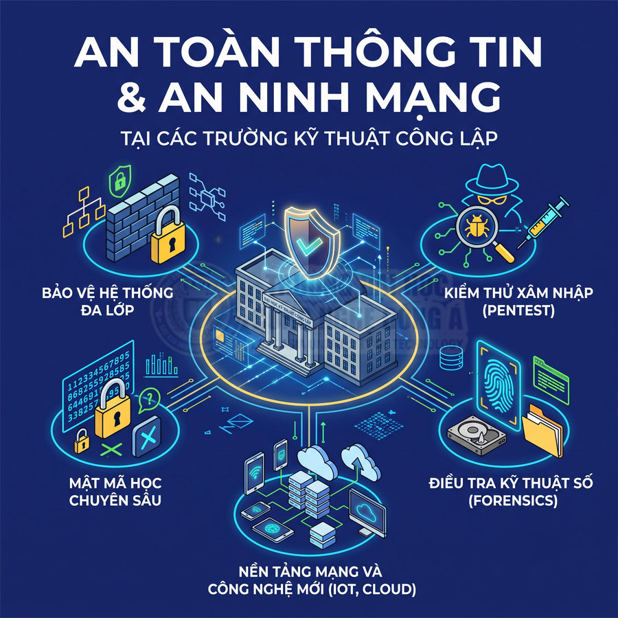 Poster giới thiệu ngành an toàn thông tin và an ninh mạng với các mảng bảo vệ hệ thống, pentest, forensics, IoT, cloud