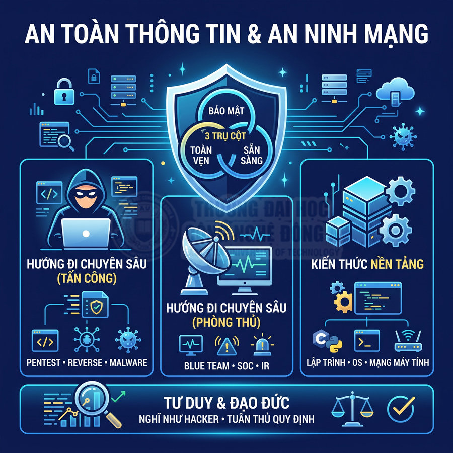 Infographic an toàn thông tin và an ninh mạng với các hướng tấn công, phòng thủ, kiến thức nền tảng và tư duy đạo đức