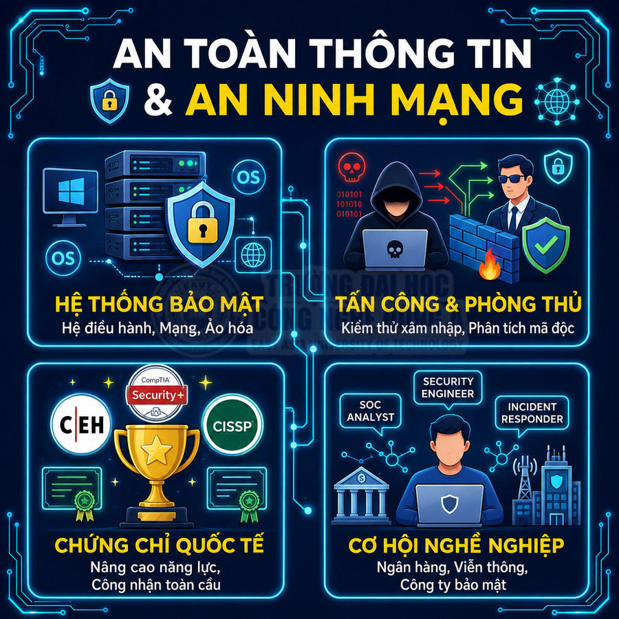 Poster giới thiệu khóa học an toàn thông tin và an ninh mạng, hệ thống bảo mật, tấn công phòng thủ, chứng chỉ quốc tế, cơ hội nghề nghiệp