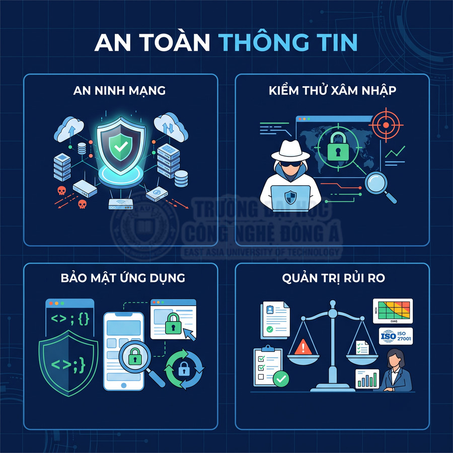 Minh họa các lĩnh vực an toàn thông tin gồm an ninh mạng, kiểm thử xâm nhập, bảo mật ứng dụng, quản trị rủi ro