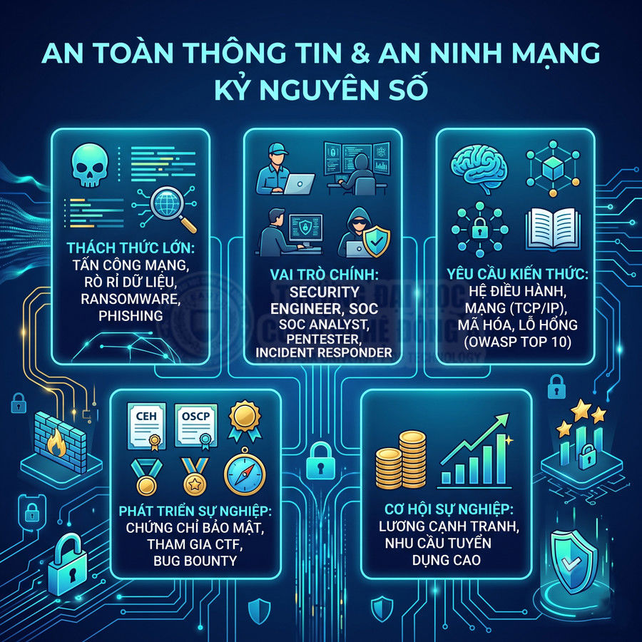 Infographic về an toàn thông tin và an ninh mạng, mô tả thách thức, vai trò, kiến thức và cơ hội nghề nghiệp
