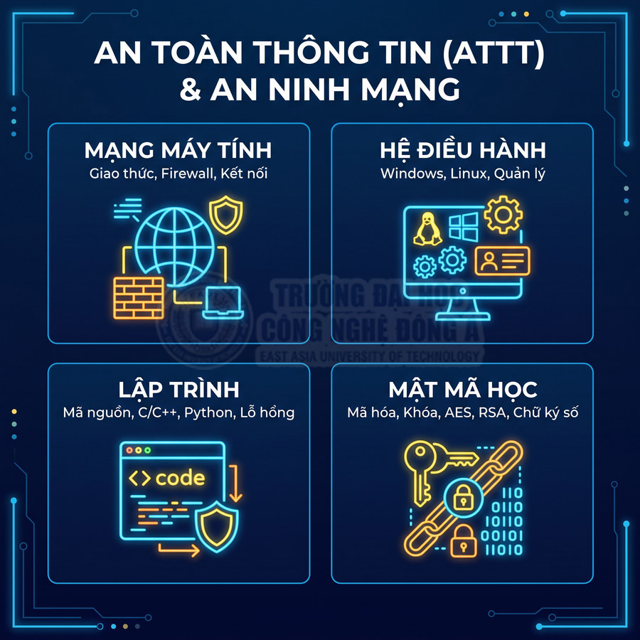 Poster giới thiệu ngành an toàn thông tin và an ninh mạng với các mảng mạng máy tính, hệ điều hành, lập trình, mật mã học